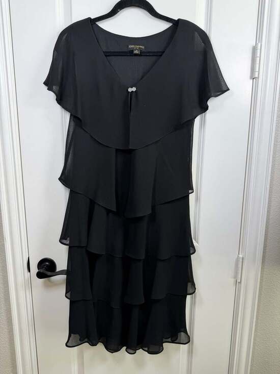Ignite Evenings Dresses & Skirts - Ignite Evenings Black Chiffon Tiered Knee-Length Dress with Rhinestones Size 10